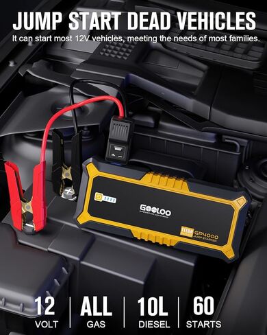 GOOLOO GP4000 Jump Starter 4000A Peak Car Starter (All Gas,up to 10.0L Diesel Engine) SuperSafe 12V Lithium Jump Box,Auto Battery Booster Pack,Portable Power Bank with USB Quick Charge and Type C Port in Saudi Arabia