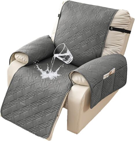100% Waterproof Recliner Chair Covers, Non Slip Sofa Cover Recliner Cover, Washable Large Recliner Couch Cover with Elastic Straps for Kids, Dogs, Pets (Recliner, Light Gray, 23.6") in Saudi Arabia