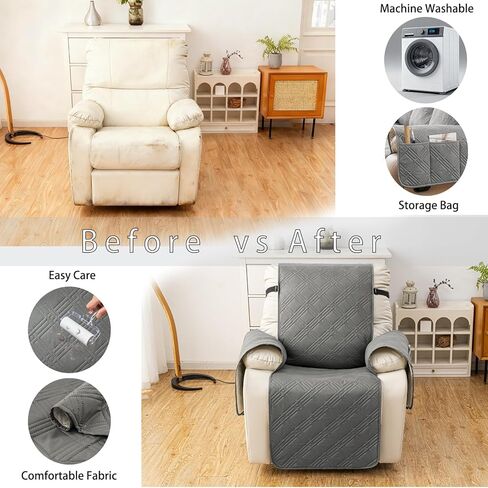 100% Waterproof Recliner Chair Covers, Non Slip Sofa Cover Recliner Cover, Washable Large Recliner Couch Cover with Elastic Straps for Kids, Dogs, Pets (Recliner, Light Gray, 23.6") in Saudi Arabia