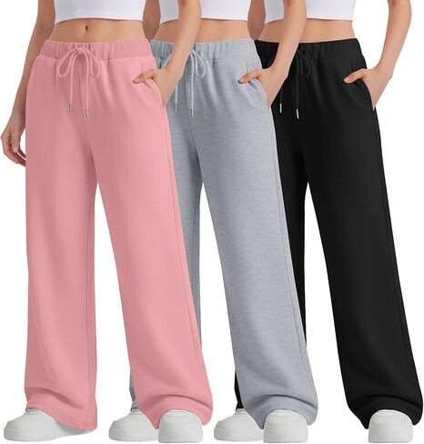 3 Pack Girls Wide Leg Sweatpants Kids Drawstring High Waist Baggy Pants Teen Athletic Trousers with Pockets in Saudi Arabia