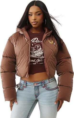 True Religion Women’s High Shine Foil Hooded Puffer – Lightweight & Comfortable Winter Jacket in Saudi Arabia
