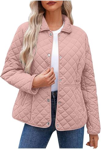 Women's Quilted Jackets Long Sleeve Button Down Diamond Puffer Jacket Lightweight Outerwear Coats with Pockets in Saudi Arabia