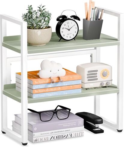 منظم أرفف المكتب، أرفف سطح مكتب معدنية قابلة للتعديل بطبقتين، منظمة رف كتب سطح المكتب مع حصيرة للقدم، رف تخزين صغير متعدد الوظائف للمنزل والمكتب، أسود in Kuwait