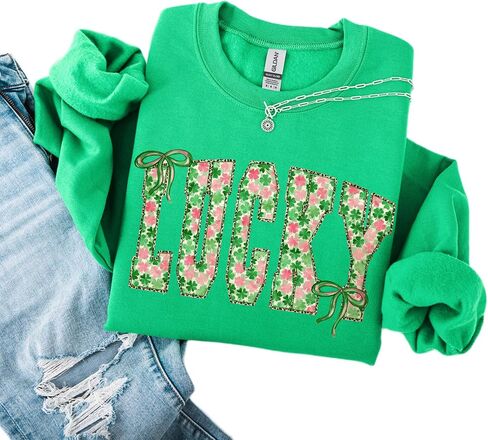 سويت شيرت Lucky St. Patrick's Day - فتحة رقبة دائرية مزخرفة بأحرف شامروك - بلوفر احتفالي أخضر - تصميم لطيف على شكل فيونكة البرسيم in Kuwait