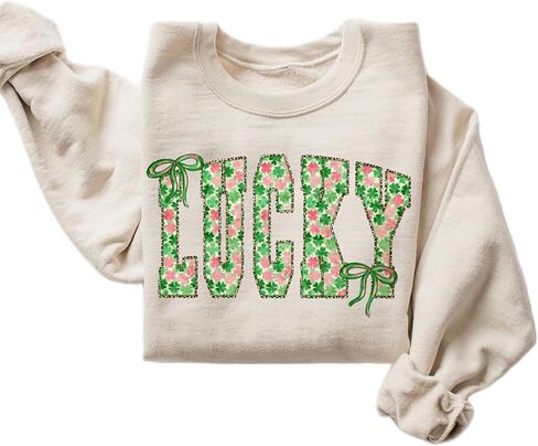 سويت شيرت Lucky St. Patrick's Day - فتحة رقبة دائرية مزخرفة بأحرف شامروك - بلوفر احتفالي أخضر - تصميم لطيف على شكل فيونكة البرسيم in Kuwait