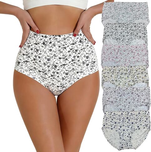 6 Pack Plus Size Women's High Waisted Briefs - Milk Fiber Underwear with Ditsy Floral Print, Soft Stretch Panties for Ladies in Saudi Arabia