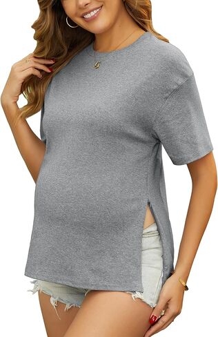 Women's Maternity Shirts Hidden Zipper Cotton Tees Split Side Short Sleeve Postpartum Nursing Pregnancy Tops in Saudi Arabia