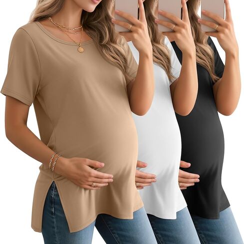 3 Pack Women's Maternity Shirts Short Sleeve Round Neck Side Split Pregnancy Tops Loose Summer Casual Mama Clothes in Saudi Arabia