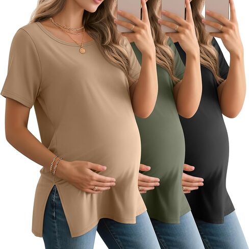3 قطع من قمصان الأمومة النسائية بأكمام قصيرة ورقبة دائرية وفتحة جانبية ملابس الحمل فضفاضة للصيف ملابس ماما غير رسمية in Kuwait