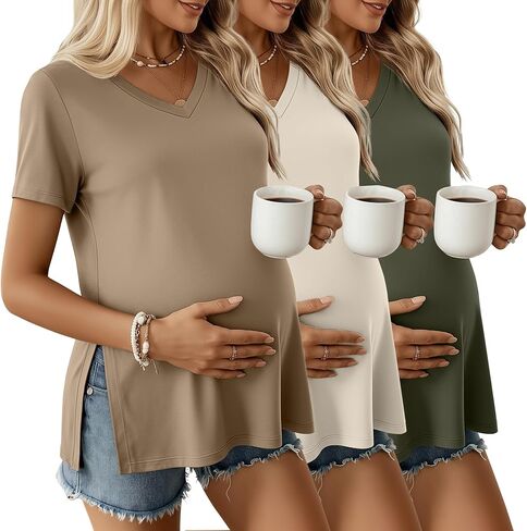 Ficerd 3 Pack Women's Maternity Shirts Short Sleeve Pregnancy T-Shirts V Neck Split Side Tops Casual Soft Maternity Clothes in Kuwait