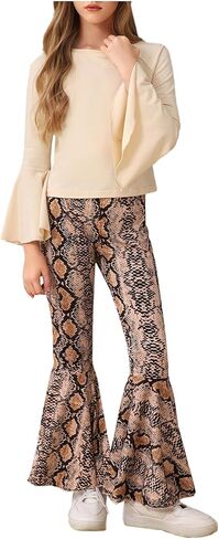 WDIRARA Girl's 2 Piece Flounce Sleeve Top and Leopard Print Bell Leg Bottom Pants Set in Kuwait