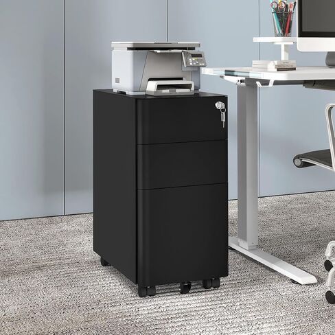 DWVO 3-Drawer Vertical File Cabinet, Mobile Filing Cabinet with Lockable, Pre-Assembled Compact Slim File Cabinet, Portable Office Storage for A4/Letter/Legal Documents (Black) in Saudi Arabia