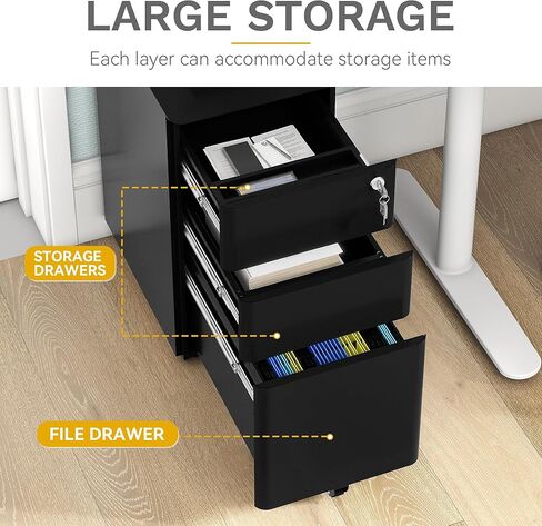 DWVO 3-Drawer Vertical File Cabinet, Mobile Filing Cabinet with Lockable, Pre-Assembled Compact Slim File Cabinet, Portable Office Storage for A4/Letter/Legal Documents (Black) in Saudi Arabia