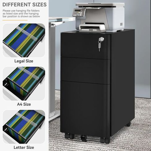 DWVO 3-Drawer Vertical File Cabinet, Mobile Filing Cabinet with Lockable, Pre-Assembled Compact Slim File Cabinet, Portable Office Storage for A4/Letter/Legal Documents (Black) in Saudi Arabia
