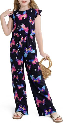 Haloumoning Girls Floral Jumpsuit Kids Fashion Ruffle Cap Sleeve Wide Leg Romper One Piece Outfits with Pockets in Kuwait