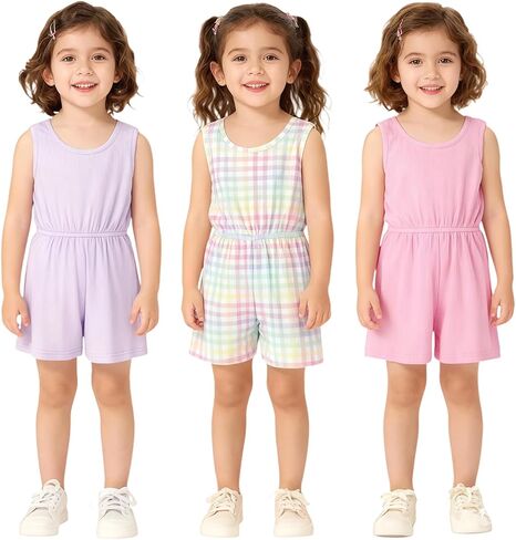 Toddler Girls 3 Pack Romper Set, Soft Polyester Spandex Sleeveless Jumpsuit Outfits, Cute Summer Shorts Set for Kids in Kuwait