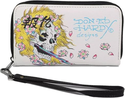 ED HARDY شعار مطبوع عليه زهور جمجمة مع سحاب حول المحفظة مع حزام قابل للفصل (أبيض) in Kuwait