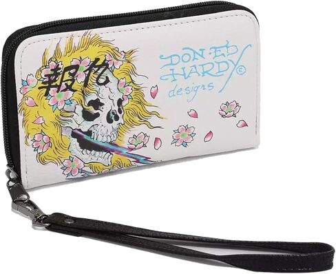 ED HARDY شعار مطبوع عليه زهور جمجمة مع سحاب حول المحفظة مع حزام قابل للفصل (أبيض) in Kuwait