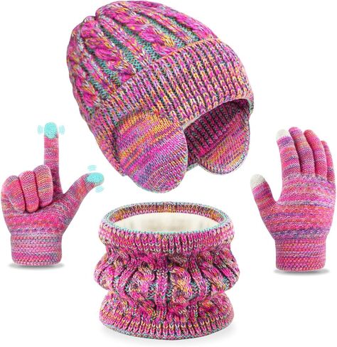 Jansun Kids Winter Hat Gloves Scarf Set, Toddler Children Hats Beanie with Earflaps Knit Neck Warmer Gaiter Mittens Fleece Lined Set for Boys Girls 4-12 in Saudi Arabia