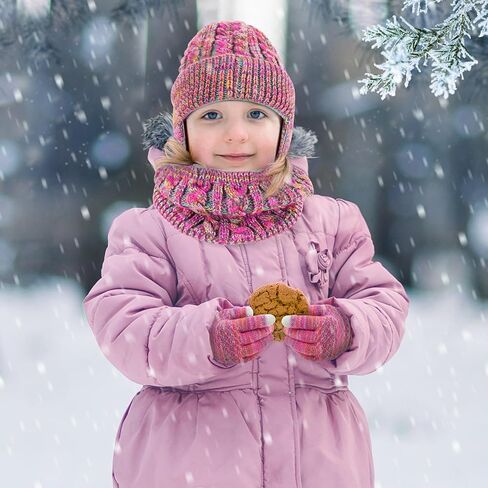 Jansun Kids Winter Hat Gloves Scarf Set, Toddler Children Hats Beanie with Earflaps Knit Neck Warmer Gaiter Mittens Fleece Lined Set for Boys Girls 4-12 in Saudi Arabia