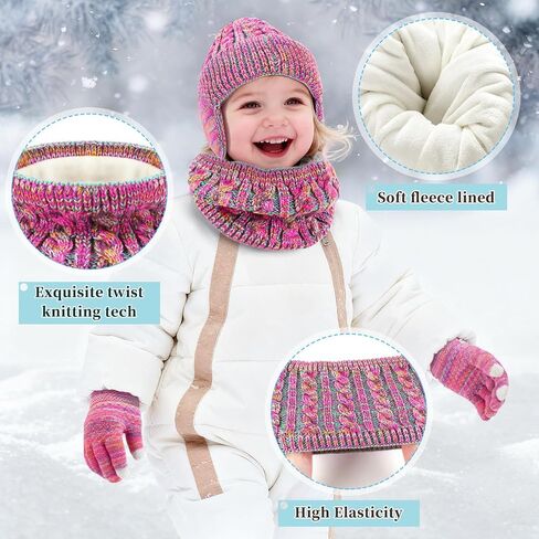 Jansun Kids Winter Hat Gloves Scarf Set, Toddler Children Hats Beanie with Earflaps Knit Neck Warmer Gaiter Mittens Fleece Lined Set for Boys Girls 4-12 in Saudi Arabia
