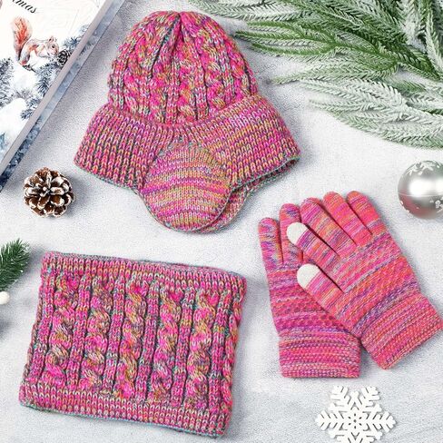 Jansun Kids Winter Hat Gloves Scarf Set, Toddler Children Hats Beanie with Earflaps Knit Neck Warmer Gaiter Mittens Fleece Lined Set for Boys Girls 4-12 in Saudi Arabia