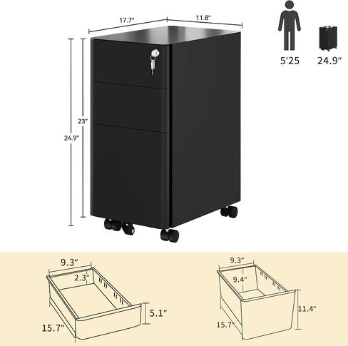 YITAHOME 3 Drawer File Cabinet, Mobile Filing Cabinet for Home Office, Metal Slim File Cabinet Drawers with Lock, Pre-Built Office Storage Cabinet for A4/Letter/Legal (Black) in Saudi Arabia