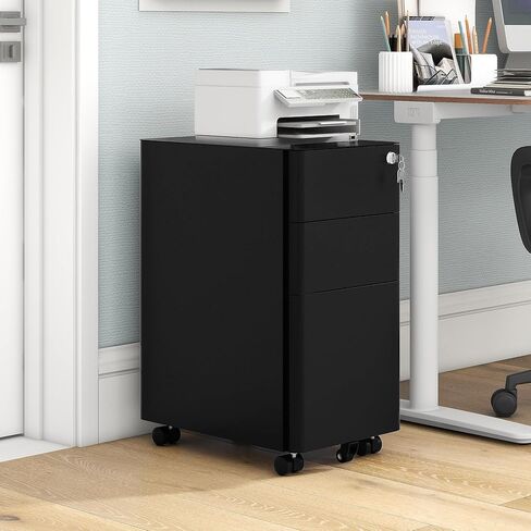 YITAHOME 3 Drawer File Cabinet, Mobile Filing Cabinet for Home Office, Metal Slim File Cabinet Drawers with Lock, Pre-Built Office Storage Cabinet for A4/Letter/Legal (Black) in Saudi Arabia
