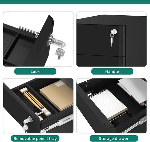 YITAHOME 3 Drawer File Cabinet, Mobile Filing Cabinet for Home Office, Metal Slim File Cabinet Drawers with Lock, Pre-Built Office Storage Cabinet for A4/Letter/Legal (Black) in Saudi Arabia