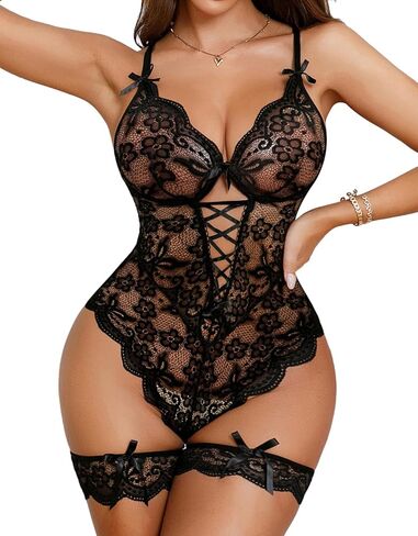 Aranmei Sexy Lingerie for Women Lace Bodysuit One Piece Deep V Babydoll Lingerie with Thigh Bands Purple in Saudi Arabia