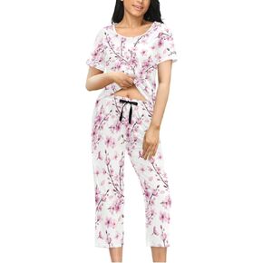 Women's Comfy Chic 2 Pcs Loungewear Set,Casual Sleepwear Short Sleeve Tops & Capri Pants PJs Set with Pockets S-XXL in Kuwait