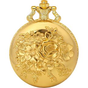 Tiong Pocket Watch Flower 3D Pattern Vintage Quartz Pocket Watches with Chain Christmas, Graduation, Birthday Gifts Mother's Day in Kuwait