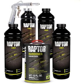 طقم بطانة سرير الشاحنة U-POL Raptor Black Urethane Spray-On Truck، طلاء واقي 2K مع مسدس رش، مقاوم للأشعة فوق البنفسجية، بطانة سرير DIY للشاحنات، 4 كوارت in Kuwait