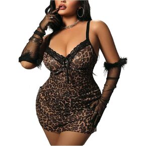 SOLY HUX Women's Plus Size Leopard Mesh Lingerie Set Lace Trim Split Babydoll Chemise Nightgown Sleepwear with Thong in Saudi Arabia