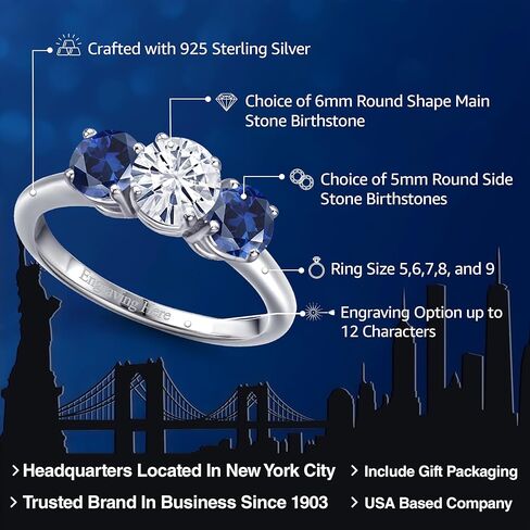 Gem Stone King 925 فضة استرليني شخصية ومخصصة مستديرة 6 مم و5 مم أحجار كريمة 3 أحجار ميلاد الذكرى السنوية للزفاف خاتم الوعد للنساء in Saudi Arabia
