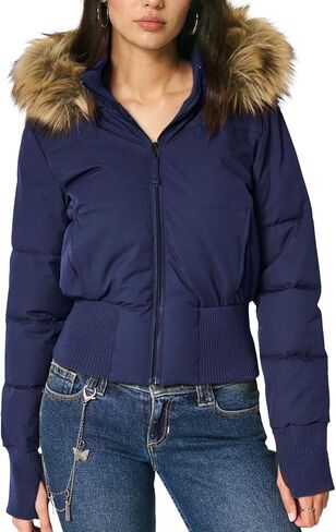 Gihuo Womens Cropped Puffer Jacket Winter Warm Quilted Jacket Short Faux Fur Trim Hooded Puffer Coat in Saudi Arabia