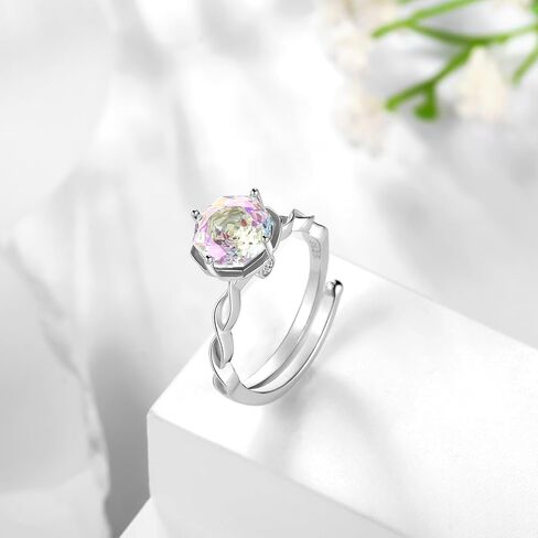 Aurora Tears Birthstone Rose Ring - 925 Sterling Silver Rose Cut Cubic Zirconia Flower Adjustable Ring Anniversary Engagement Promise Ring Birthday Jewelry Gift for Women Wife Mom Daughter in Saudi Arabia