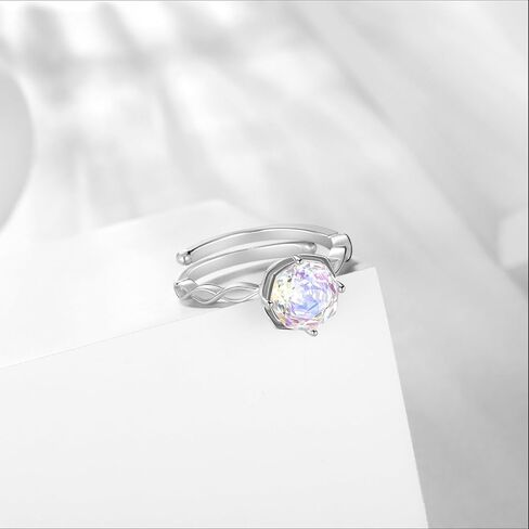 Aurora Tears Birthstone Rose Ring - 925 Sterling Silver Rose Cut Cubic Zirconia Flower Adjustable Ring Anniversary Engagement Promise Ring Birthday Jewelry Gift for Women Wife Mom Daughter in Saudi Arabia