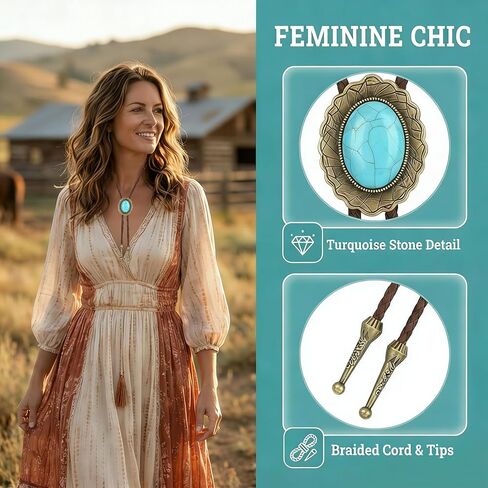 Bolo Tie for Men Western Brown Leather Necklace with Turquoise Accent Style Cowboy Neck Ties for Men's Western Outfits Classic Women Rodeo Accessory in Saudi Arabia