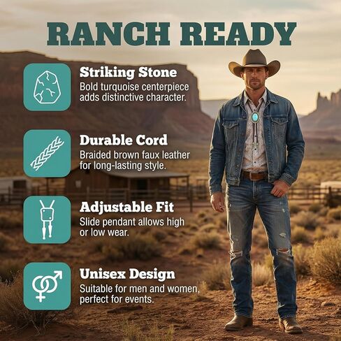 Bolo Tie for Men Western Brown Leather Necklace with Turquoise Accent Style Cowboy Neck Ties for Men's Western Outfits Classic Women Rodeo Accessory in Saudi Arabia