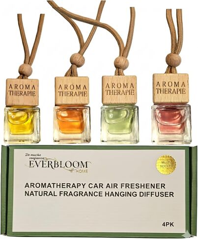 معطر هواء للسيارة برائحة العلاج العطري، موزع روائح طبيعية للتعليق، يدوم طويلاً، روائح متعددة بما في ذلك الخوخ وكريم الفانيليا وجوز الهند الوردي والفريزيا، زجاجة زجاجية بغطاء خشبي، 4 قطع in Kuwait