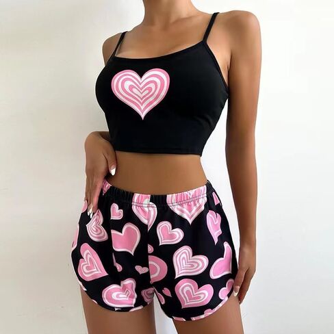 Women Heart Print Lounge Pajama Set Cami Top Shorts Comfortable Home Wear in Saudi Arabia