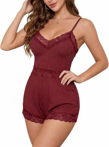 Women's Sexy Pajama Set, Lace Trim Camisole Top + Shorts, Cute V-Neck Two-Piece Loungewear in Saudi Arabia