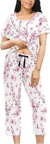 Women's Comfy Chic 2 Pcs Loungewear Set,Casual Sleepwear Short Sleeve Tops & Capri Pants PJs Set with Pockets S-XXL in Kuwait