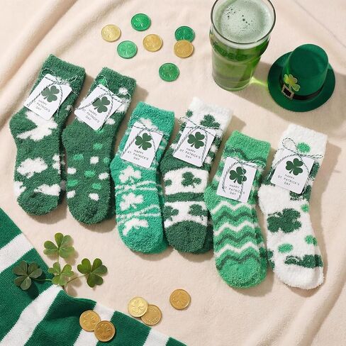 St Patricks Day Socks Fuzzy Shamrock Green Clover Socks St Patricks Gifts with Tags Organza Bags for Women in Saudi Arabia