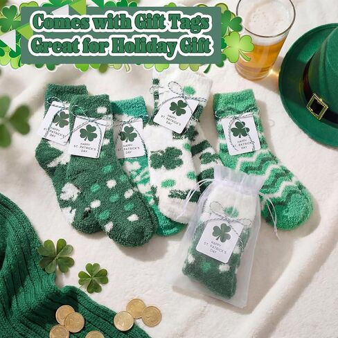 St Patricks Day Socks Fuzzy Shamrock Green Clover Socks St Patricks Gifts with Tags Organza Bags for Women in Saudi Arabia