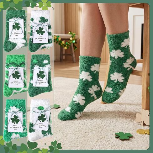 St Patricks Day Socks Fuzzy Shamrock Green Clover Socks St Patricks Gifts with Tags Organza Bags for Women in Saudi Arabia
