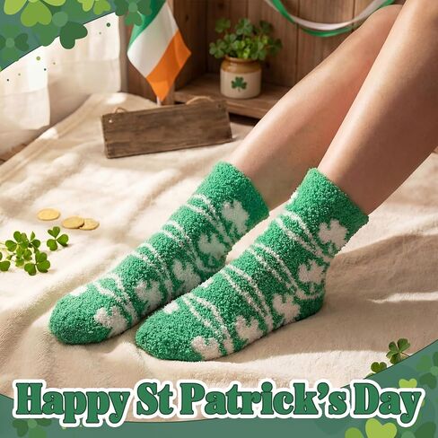 St Patricks Day Socks Fuzzy Shamrock Green Clover Socks St Patricks Gifts with Tags Organza Bags for Women in Saudi Arabia