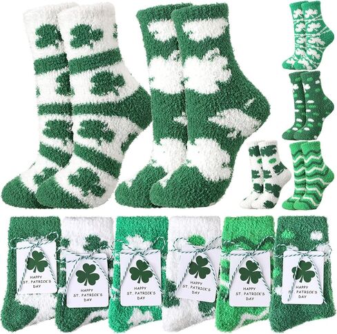 St Patricks Day Socks Fuzzy Shamrock Green Clover Socks St Patricks Gifts with Tags Organza Bags for Women in Saudi Arabia