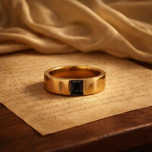 Black Onyx Gold Band Ring in 14K Yellow Gold Minimalist Square Cut Stone Wedding Band Modern Statement Promise Ring for Men in Saudi Arabia